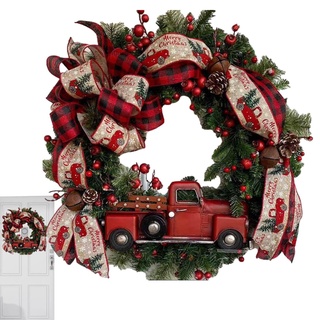 Bexdug Roter LKW-Weihnachtskranz | 40 cm Weihnachtstürdekoration mit weihnachtlichen roten LKW-Bogenknoten - Frohe Weihnachten hängende Dekoration Eukalyptus Girlande für Haustür Fenster Kamin