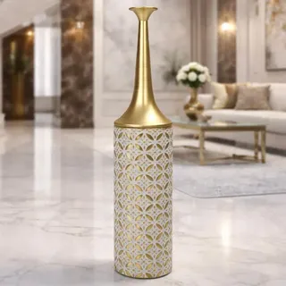 Leewadee Große Bodenvase 14 x 65 cm - Metall in gold - Gold/Weiß