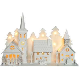 WeRChristmas Dorf mit Kirche aus Holz, beleuchtet, Weihnachtsdekoration mit 12 Warm-weißen LED-Leuchten, Weiß
