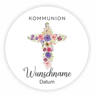 24 Stück Aufkleber zur Taufe - Personalisierte Aufkleber mit Namen und Datum für die Geschenke Ihrer Gäste - 4,5 cm Runde Papieraufkleber (Kommunion Kreuz)