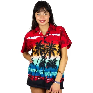 V.H.O. Funky Hawaiibluse Hawaiihemd Damen Kurzarm Fronttasche Hawaii-Print Strand Beach Palmen Diverse Farben - L