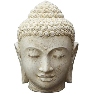 STONE art & more XL Buddha-Kopf, 100 cm, Beton, Steinfigur, Steinguss, Garten-Deko, Weiß Antik, Frostfest, Skulptur