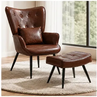 HomeMiYN Ohrensessel Relaxsessel mit Hocker für Leder & Stoff Lesesessel & Lehnstühle (Set, 1-St), Relaxsessel im Vintage-Look für gemütliche Herbst- und Winterabende braun