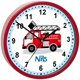 CreaDesign, Wanduhr Kinder personalisiert mit Name, Motiv Feuerwehr Drehleiter, Rahmen Wanduhr rot, Ø 19,5 cm