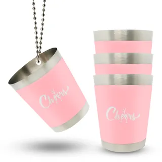 Cheers 4 STK Schnapsgläser Edelstahl Pink Schnapsglas Kette 4 cl für Partys Junggesellinnenenabschied Frauen Team Braut Party Deko JGA Accessoires Shotgläser Metall Becher zum Umhängen (40 ml, Pink)