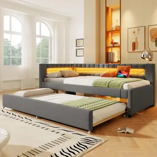 BTM Tagesbett mit Schlafsofa Ausziehbar Bett 90x200cm Daybett Polsterbett mit LED, USB, Typ-C (ohne Matratze), Leinen, Grau