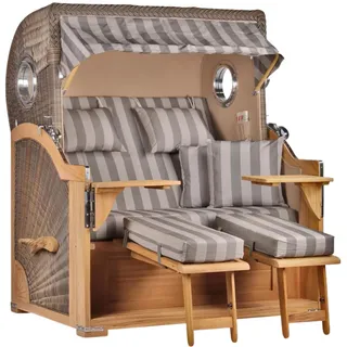 MR. DEKO Strandkorb Baltikum Teakholz XL Volllieger Strandstuhl PE Geflecht Grey Teak Bullauge anthrazit inkl. 4 Kissen - Wechselpolster - Strandkörbe Garten, Wintergarten, Terrasse (Dessin 537)