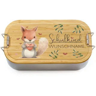 Print Royal PR Personalisierbare Brotdose zur Einschulung - Schulkind mit Name und Jahr personalisiert - Eichhörnchen Brotdose, personalisierte Geschenke zur Einschulung | 600 ml, mit Bambusdeckel