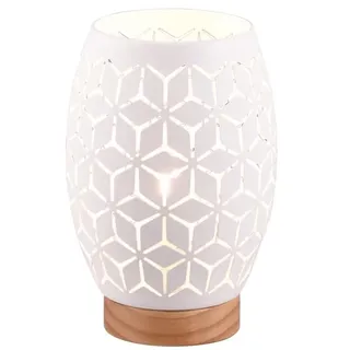 Klein-e Tischleuchte skandinavisch mit Stanzmuster Weiß | Höhe 21cm, mit E27 LED, stufenweise dimmbar, kleine Nachttischlampe, besonderes Lichtspiel, Schlafzimmer & Wohnzimmer