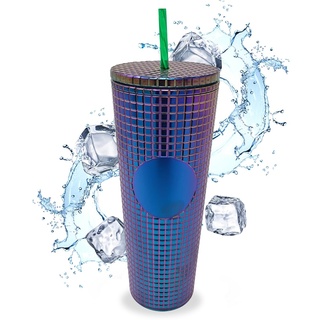 Nadia's Little Treasures Grid Plastic Tumbler Cup - Plastic Double Walled Cold Cup for iced Coffee, Water, Slush or Smoothies, Your Home Cinema Cup Cameleon