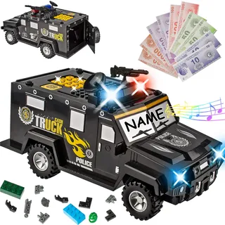 alles-meine.de GmbH elektronische Spardose - Geldtransporter Polizei - mit Fingerabdruck + Zahlenkombination/Passwort + Sound + Licht - incl. Name - digitaler Tresor Sparschwei..