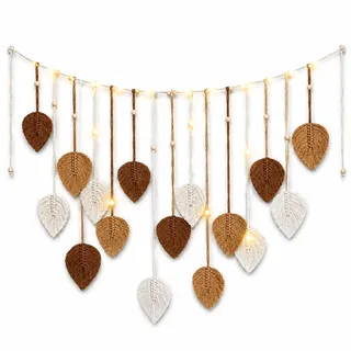IHONYI Boho Deko - Makramee Wandbehang,Wandteppich Chic Tapisserie Fransengirlande Mit 3M LED Lichterkette,Handgewebt Girlande Boho Wanddeko Für Wohnzimmer/Schlafzimmer/Balkon/kinderzimmer(Braun)