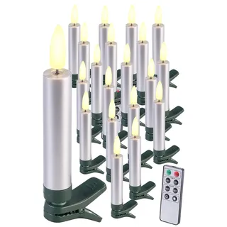 Lunartec Christbaumkerzen: 20er-Set LED-Weihnachtsbaumkerzen mit Dochten und Flammen-Effe, Silber (LED Stabkerzen, Weihnachtsbaumbeleuchtung, 3D)