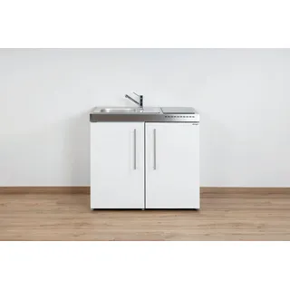 Stengel Küchenzeile Miniküche Premiumline MP 100, (Kleine Single Küchen 100 cm Weiß), Küchenblock mit Spüle, E-Geräten: Kühlschrank und Glaskeramikkochfeld weiß