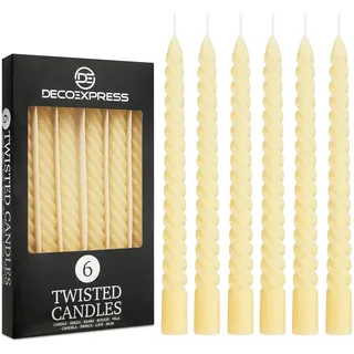 DECO EXPRESS Stabkerzen Set 3er oder 6er Tropffreie Stabkerzen Gedrehte Spiralkerzen Bunte Kerzen Brenndauer 6 Stunden Unparfümiert (Elfenbein, 6er-Pack)