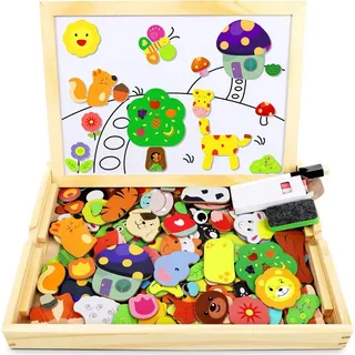 POPOLIC Puzzle Magnetisches Holzpuzzle 110 Stück, Magnettafel Kinder, Rahmenpuzzle, Puzzleteile, Puzzle ab 3, Montessori Spielzeug ab 3 Jahre, Kreativ Lernspielzeug
