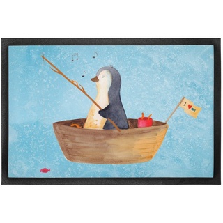 Fußmatte 60 x 90 cm Pinguin Angelboot - Eisblau - Geschenk, Schmutzfangmatte, Mr. & Mrs. Panda, Höhe: 0.3 mm, Attraktives Design blau