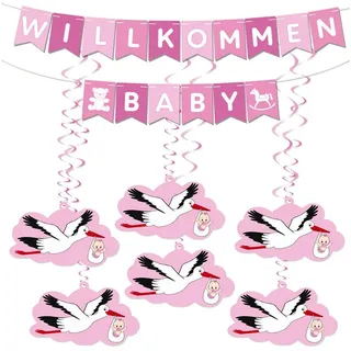 BRUBAKER Girlande Willkommen Baby Wimpelkette für Mädchen mit Storch Anhängern, Willkommensdeko Set für Zuhause, Babyparty und Babyzimmer Dekoration rosa