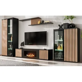 furn.design Wohnwand "Morgan" in schwarz und Jackson Eiche Schrankwand mit Kamin, inkl. Beleuchtung - Schwarz