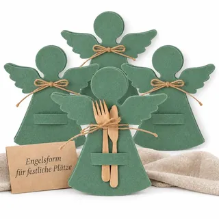 MIJOMA Besteckhalter Engel 4er Set aus Filz – Tischdeko Weihnachten – Platz für Besteck – 20x22 cm – Jute-Kordel – Dekorativer Besteckhalter für festliche Tafel (Grün)