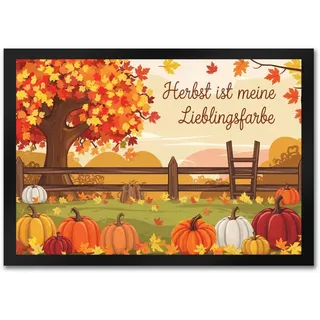 speecheese Fußmatte in 35x50 cm Herbstliche Landschaft mit Kürbissen in | 35x50 cm - Herbst ist Lieblingsfarbe mit Kürbissen Holzleiter unter Baum und orangefarbenen sowie gelben Blättern
