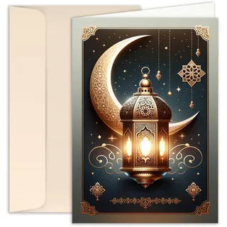 10 Ramadan Kareem Klappkarten mit Umschlag Licht in der Nacht Grusskarten Eid Mubarak Danksagungskarten Zuckerfest Feier Mond Laterne grau schwarz gold
