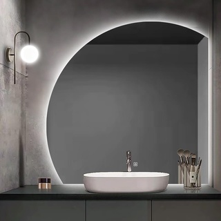 LHIUGE Moderner Badezimmerspiegel, wandmontierter Badezimmerspiegel mit Touch-Schalter, Halbrunder dekorativer Spiegel mit LED-Beleuchtung, speziell geformter Halbrunder beleuchteter Kosmetikspiegel