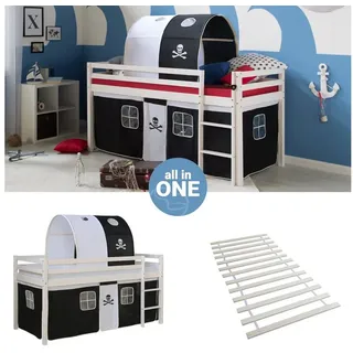 Homestyle4u Hochbett Pirat 90 x 200 cm Kiefer massiv weiß schwarz