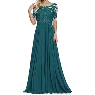 yhfshop Damen Festliche Kleider Maxi Hochzeit,Schulter-Kurzarm-Partykleid mit Spitzenapplikationen-Malachitgrün_46,Damen Abendkleider Lang