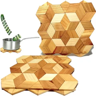 OSTENTO Untersetzer für Töpfe, Pfannen, Kasserolle, Teekannen und warme Speisen | Set Dekorative Untersetzer | Topfuntersetzer aus Holz - Made in EU (Cubes), Braun, 15 CM