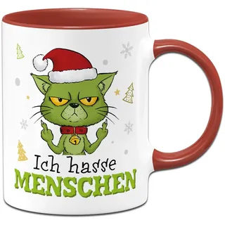 Tasse Grinch Katze - Ich hasse Menschen - Weihnachtstasse lustig, Kaffeetasse mit Spruch Geschenk für Anti Weihnachtsmuffel an Weihnachten, Kollegin (Rot)