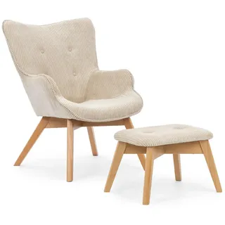 s-style möbel Lounge-Sessel Cord 71 x 96 x 86 cm Beige mit Hocker