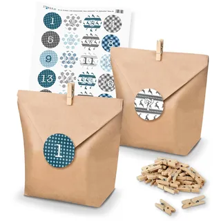 itenga DIY Adventskalender Set zum Basteln und Selberbefüllen mit Weihnachtssticker in blautönen - Papiertüten Klammern Zahlensticker