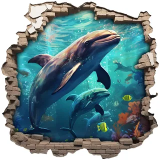 Wandtattoo Wandriss mit Delfin Fenster in andere Welt Portal Schiffsfenster Kinderzimmer Wandaufkleber (70x70cm Delfin)