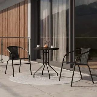 Ambia Garden Balkonset, Schwarz, Metall, Kunststoff, Glas, 3-teilig, Rundrohr, 60x52x70 cm, Balkonmöbel, Balkonmöbel-Sets