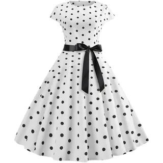 StarTreene 50er Rockabilly Swing Kleid Damen Plissee Kurzarm Vintage Bedruckte Kleider Partywear, Stil #1, 32-34 - 32-34