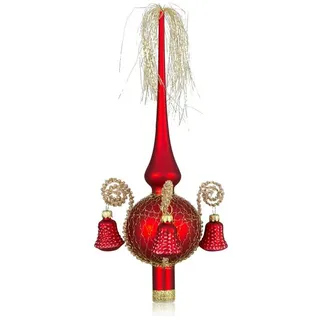 Lauschaer Glas Christbaumspitze Weihnachtsbaumspitze mit Formglöckchen, umsponnen mit Leonischem Draht, mundgeblasen, handdekoriert, handbemalt, in Lauscha hergestellt rot