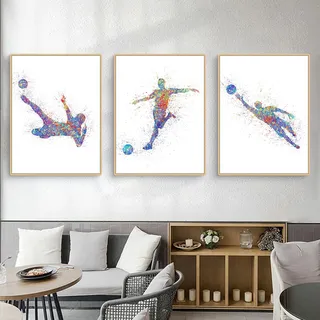 Herfair 3 Stück Moderne Bunt Fußball Poster Set, Schwarz und Weiß Kunstdruck Bilder, Kinderzimmer Wohnzimmer Wandbilder Wanddeko für Teenager Jungen, Ohne Rahmen (Bunt Fußball,30x40cm)