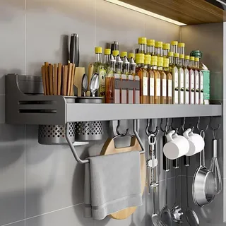 Edumov Gewürzregal Wand, Gewürz Organizer Ohne Bohren, Gewürzregale Hängend, Gewürzhalter Kleben, Küchenregal Wand Metall für Schranktür,Küche, Spice Rack, 50cm, Grau
