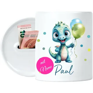4you Design Keramik Spardose für Kinder personalisiert – Punkte Dino – Sparbüchse mit Namen - Geschenk für Jungen & Mädchen zur Einschulung, Weihnachten, Geburtstag – 9,5cm hoch Ø 8cm