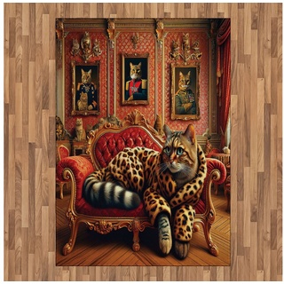 Teppich Flachgewebe Deko-Teppiche für das Wohn-,Schlaf-, und Essenszimmer, Abakuhaus, rechteckig, Katze Kätzchen in Leopard auf Couch gelb|orange