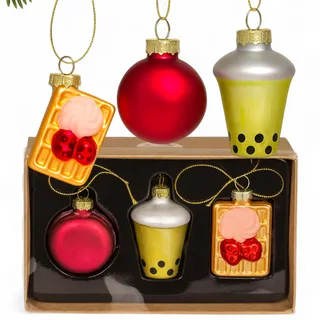 MIJOMA Glas Weihnachtsbaumschmuck 3er Set - Ausgefallene Christbaumkugeln Deko Hänger Vintage Design - Baumschmuck aus Glas mit Metallöse -Originelle Weihnachtsdeko (Süßes & Bubble Tea)