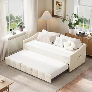 Ausziehbares Tagesbett 90/180x200 Cm - 2-in-1 Schlafsofa Mit Lattenrost Und Seitentasche - Samt, Beige