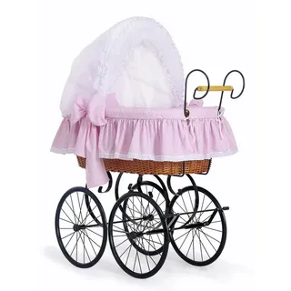 Retro-Moseskorb aus Weidengeflecht mit klappbarem Verdeck „Christine“ – naturfarben + rosa Bettwäsche mit Spitze