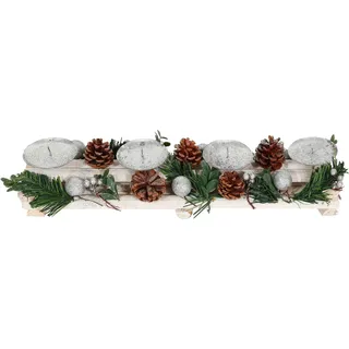 Adventsgesteck Hhg-797 Mit Kerzenhaltern, Adventskranz Weihnachtsdeko Holz Silber Weiß 18x49x13cm Ohne Kerzen