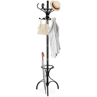 GIANTEX Garderobenständer, 182 cm Kleiderständer mit 12 drehbaren Haken & Schirmständer, Jackenständer aus Maasivholz für Mäntel, Hüte & Taschen, für Flur & Schlafzimmer (schwarz)