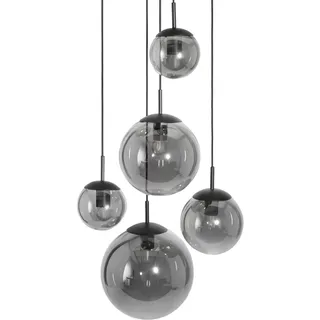 Liadomo Pendelleuchte Vetro, Glas Hängelampe 5-flammig, rund, Schwarz | Modern, bis 320 cm höhenverstellbar, Esszimmer, Wohnzimmer, Treppenhaus, Ø 38 cm, Rauchglas, Cluster, Leuchtmittel inklusive