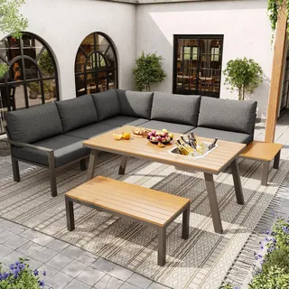 Merax Gartenmöbel Set 6-7 Personen, Lounge Sitzgruppe Outdoor mit Sofatisch & Bank, Ecksofa-Set aus verzinktem Eisen & Holz, für Garten Balkon Terrasse, inkl. Kissen, wetterfest Gartenlounge Set, Grau