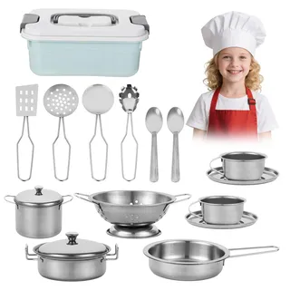 17 Stück Kinderküche Zubehör, Edelstahl Küchen Zubehörfür Kinder,Holz Küchenspielzeug Spielküche Zubehör Set,für Jungen und Mädchen Kinder