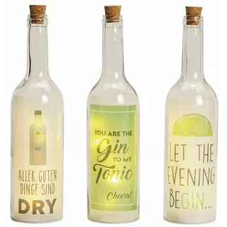 Spetebo LED Dekolicht Glas Flasche GIN 5 LED - 3er Set, LED, warmweiß, beleuchtete Dekoflaschen mit Gin Motiv weiß
